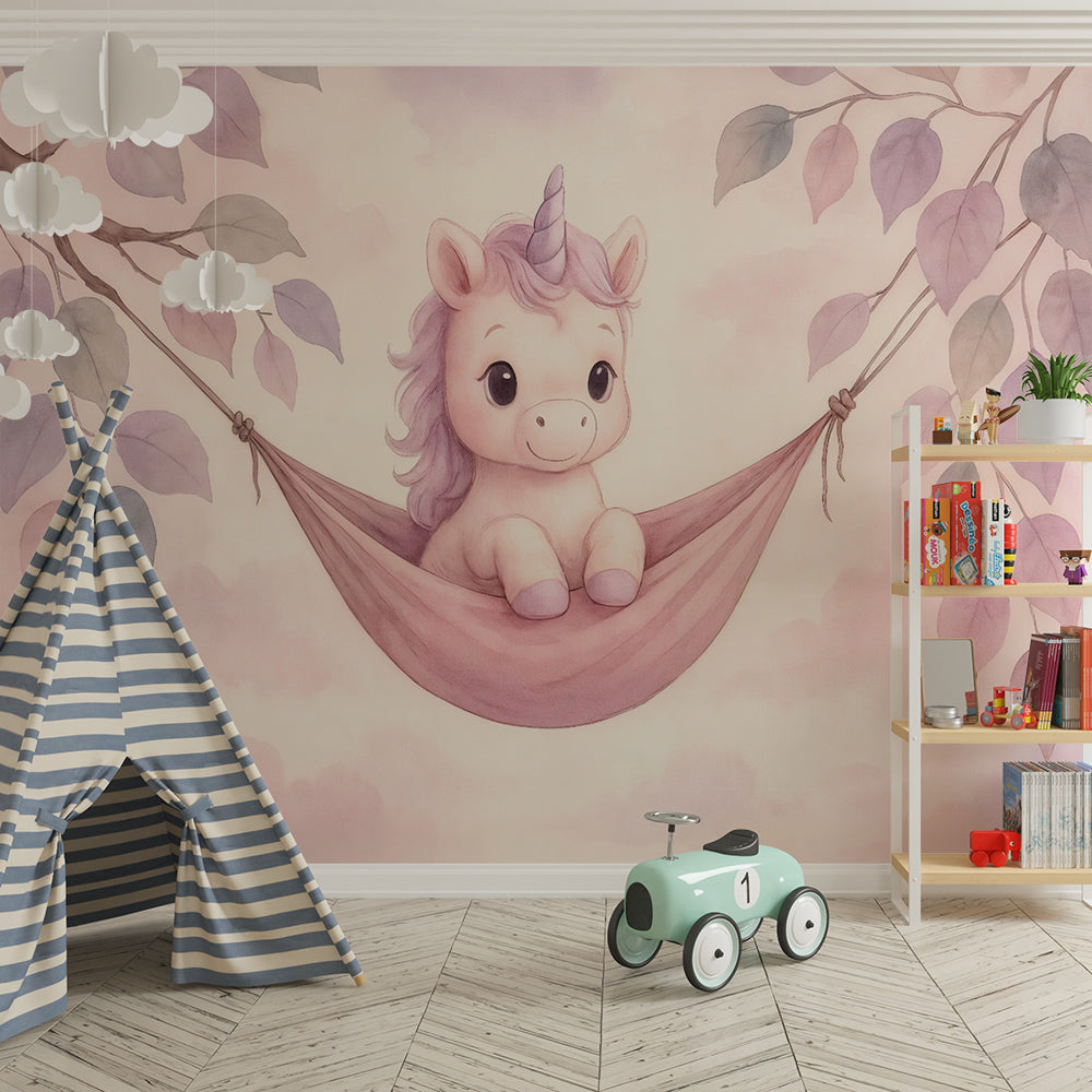 Kids-Mundo unicorn hammock wall mural adding a magical touch to a playroom corner