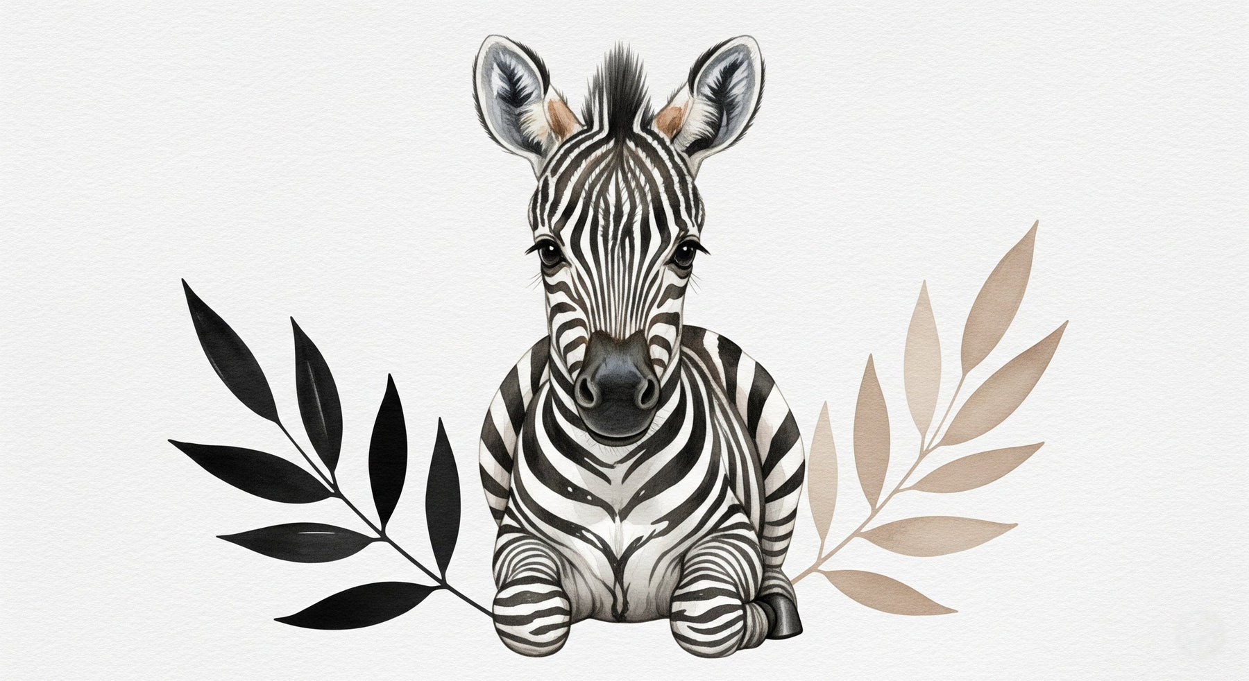 Baby zebra with botanical leaves mural wallpaper design pattern by Kids-Mundo