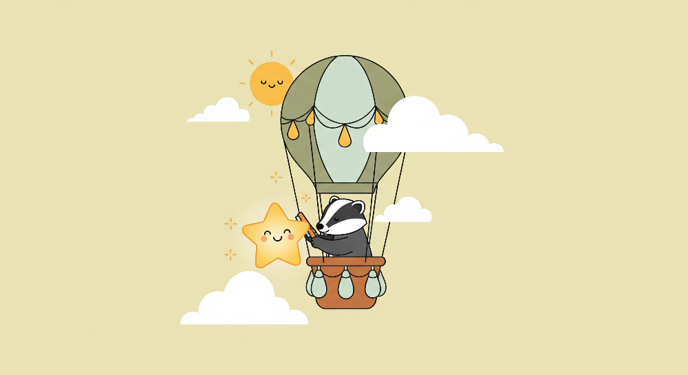 Kids-Mundo flat artwork of a badger in a hot air balloon reaching for a star