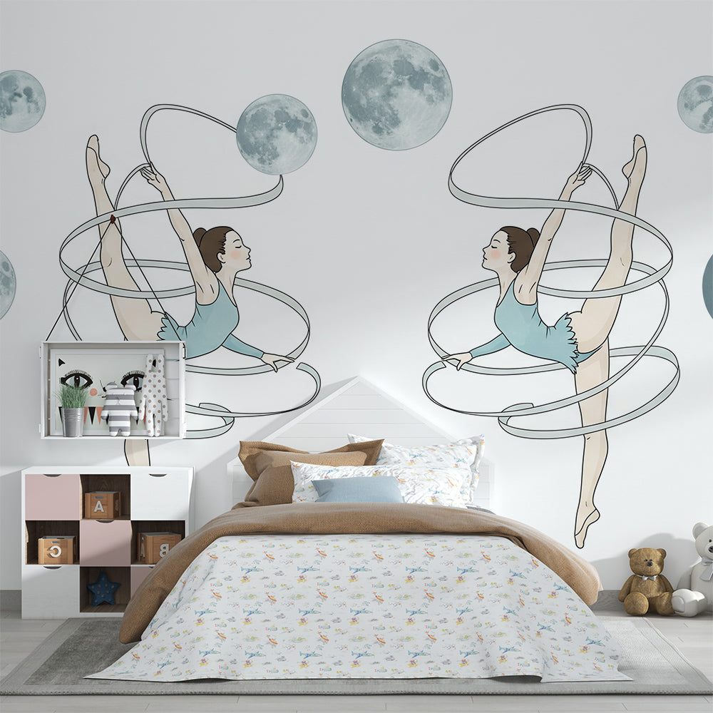 Kids-Mundo dance-themed mural on a kids bedroom wall, with ballerinas and floating moons