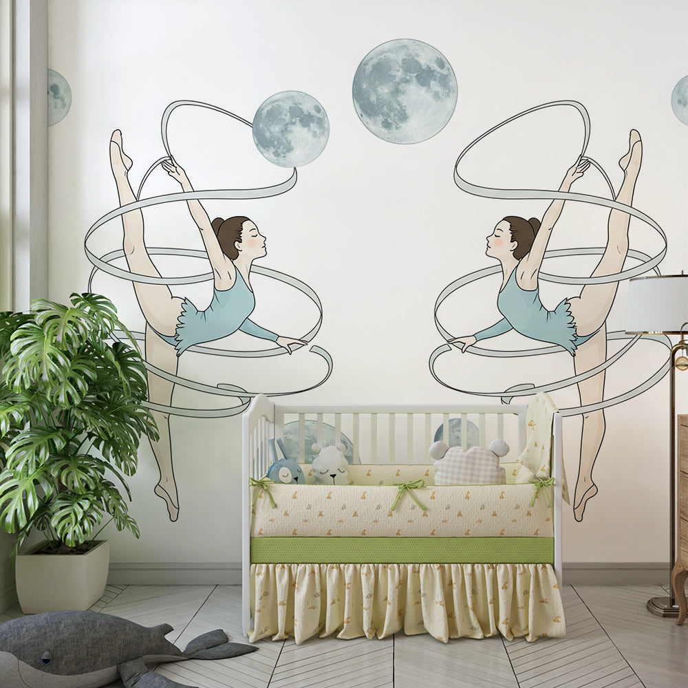 Kids-Mundo ballerina wall mural in a playroom, featuring graceful dancers and soft moon phases