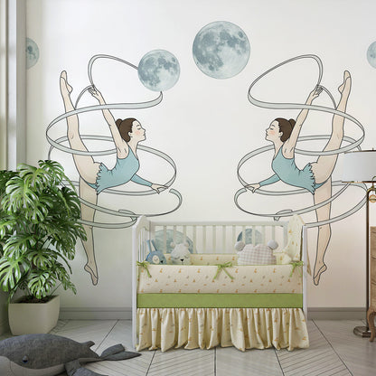 Kids-Mundo ballerina wall mural in a playroom, featuring graceful dancers and soft moon phases