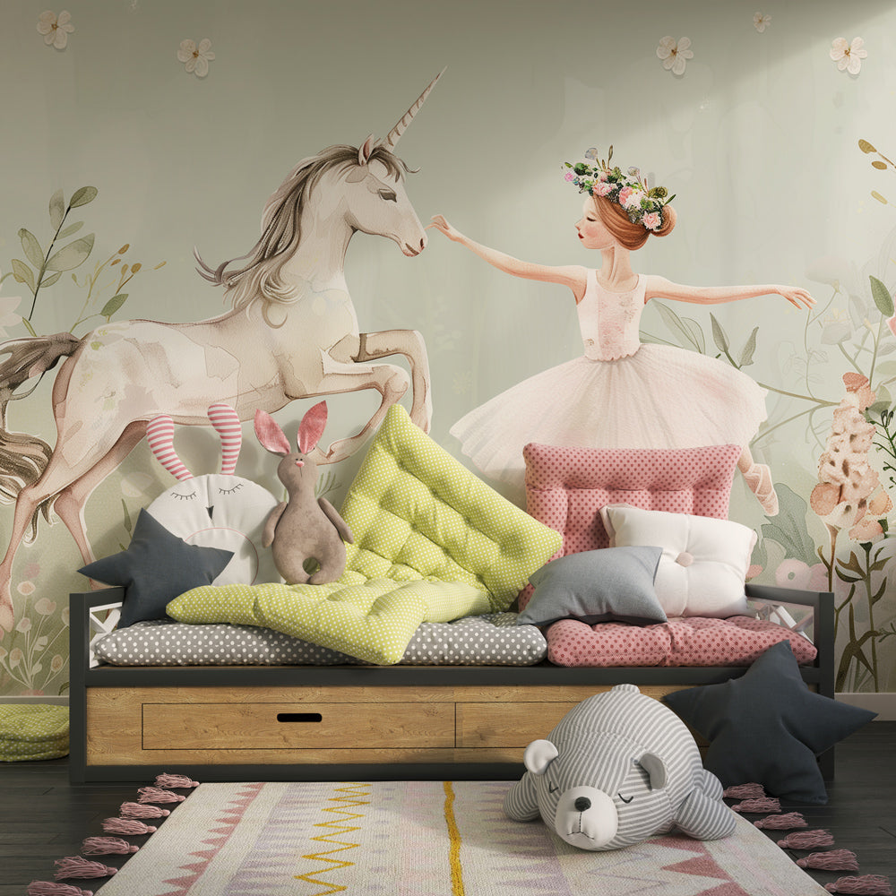 Kids-Mundo unicorn and ballerina garden wall mural featured in a kids bedroom