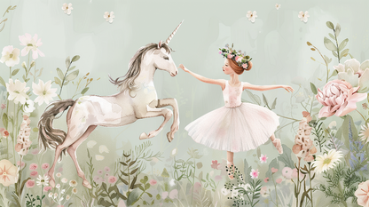 Kids-Mundo flat artwork of a ballerina dancing with a unicorn in a garden scene