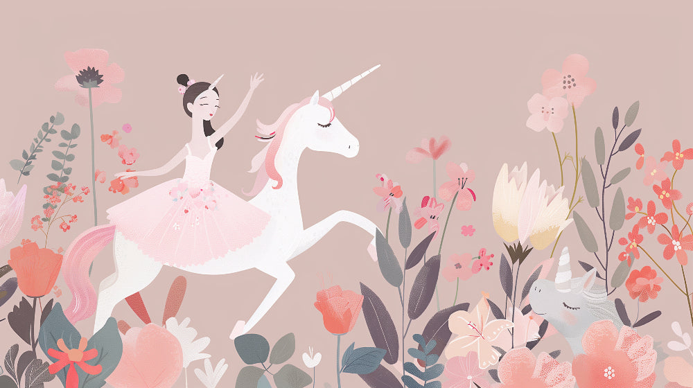 Detailed ballerina unicorn mural wallpaper design pattern with pastel garden by Kids-Mundo