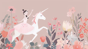 Detailed ballerina unicorn mural wallpaper design pattern with pastel garden by Kids-Mundo