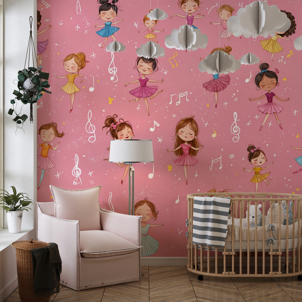 Joyful ballet dancers mural wallpaper inspiring creativity in children's playroom