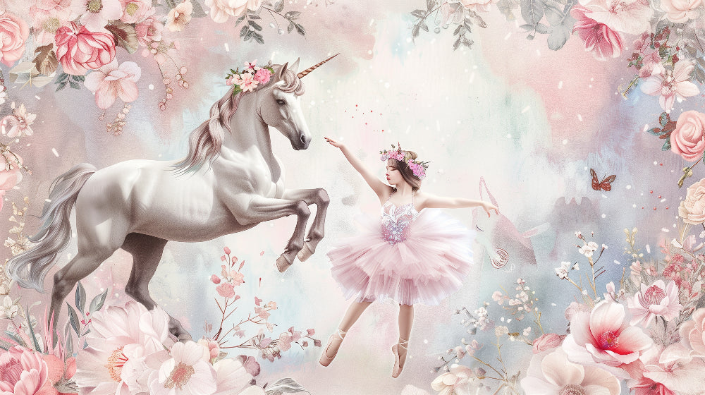 Detailed ballet unicorn mural wallpaper design pattern with pastel flowers and dancing elements