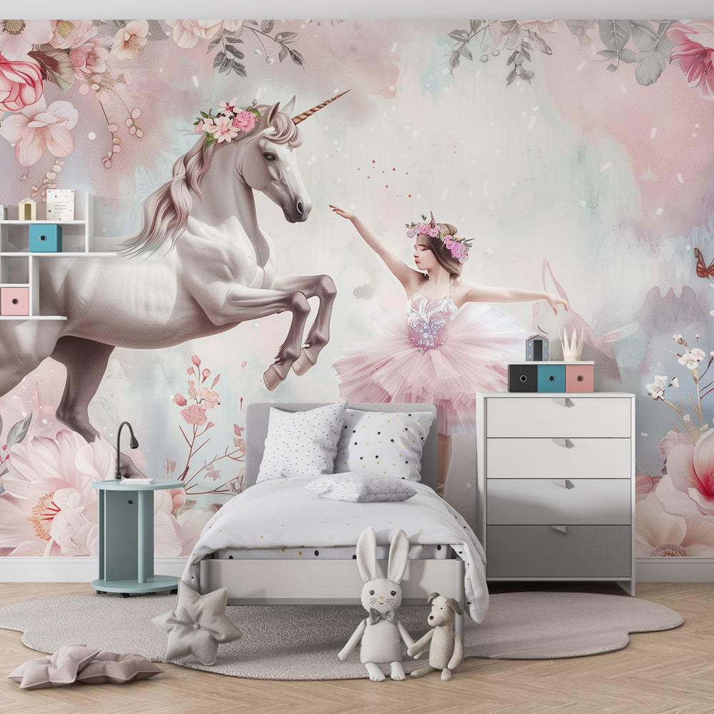 Enchanting unicorn and ballerina wallpaper creating dreamy nursery atmosphere with soft pastels