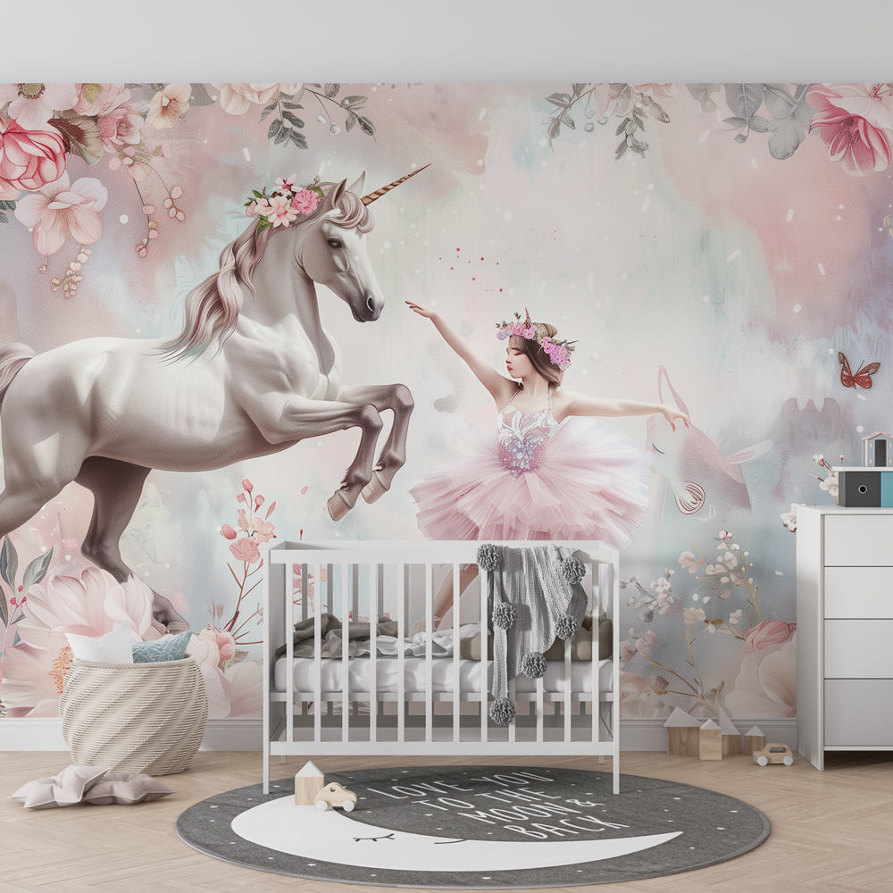 Magical ballet unicorn wallpaper transforming kids playroom into fairy-tale sanctuary by Kids-Mundo
