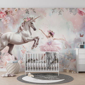Magical ballet unicorn wallpaper transforming kids playroom into fairy-tale sanctuary by Kids-Mundo