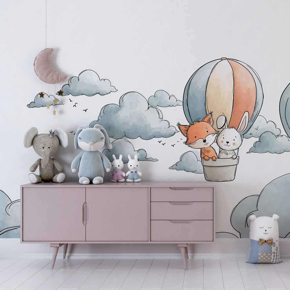 Adventure balloon mural wallpaper transforming kids playroom with dreamy cloud design