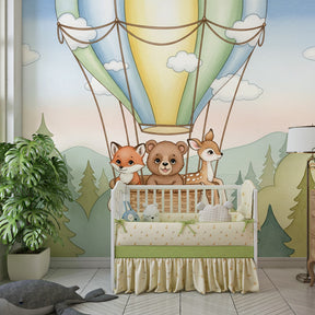 Dreamy hot air balloon mural wallpaper transforming kids playroom into adventure space