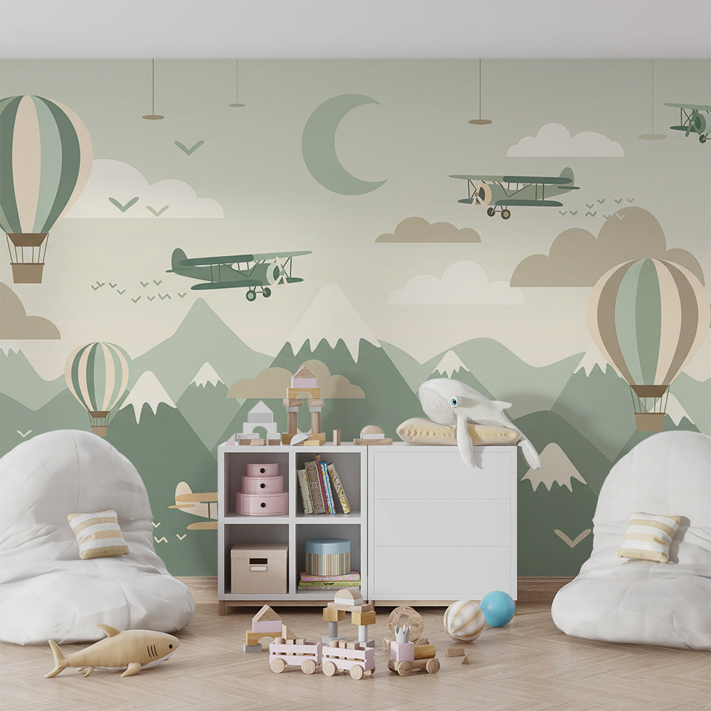 Kids-Mundo balloon wall mural styled in a playroom with soft toys and a rug