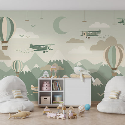 Kids-Mundo balloon wall mural styled in a playroom with soft toys and a rug