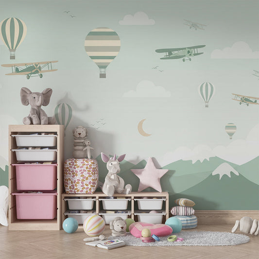 Kids-Mundo balloon and biplane sky mural on a feature wall in a child's bedroom