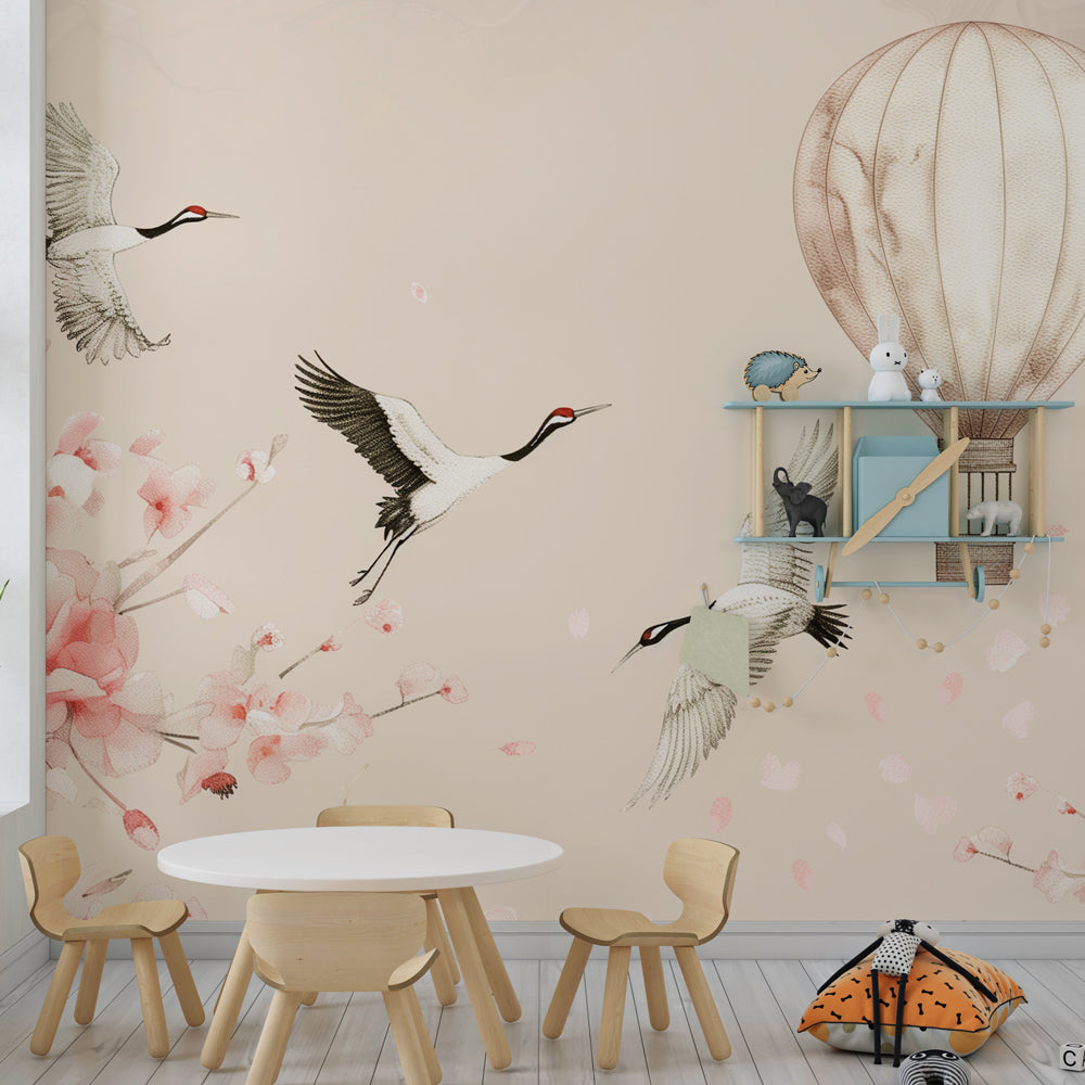 Japanese inspired sakura and hot air balloon wallpaper in kids playroom setting