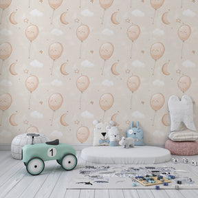 Dreamy balloon clouds wallpaper creating magical atmosphere in children's bedroom interior