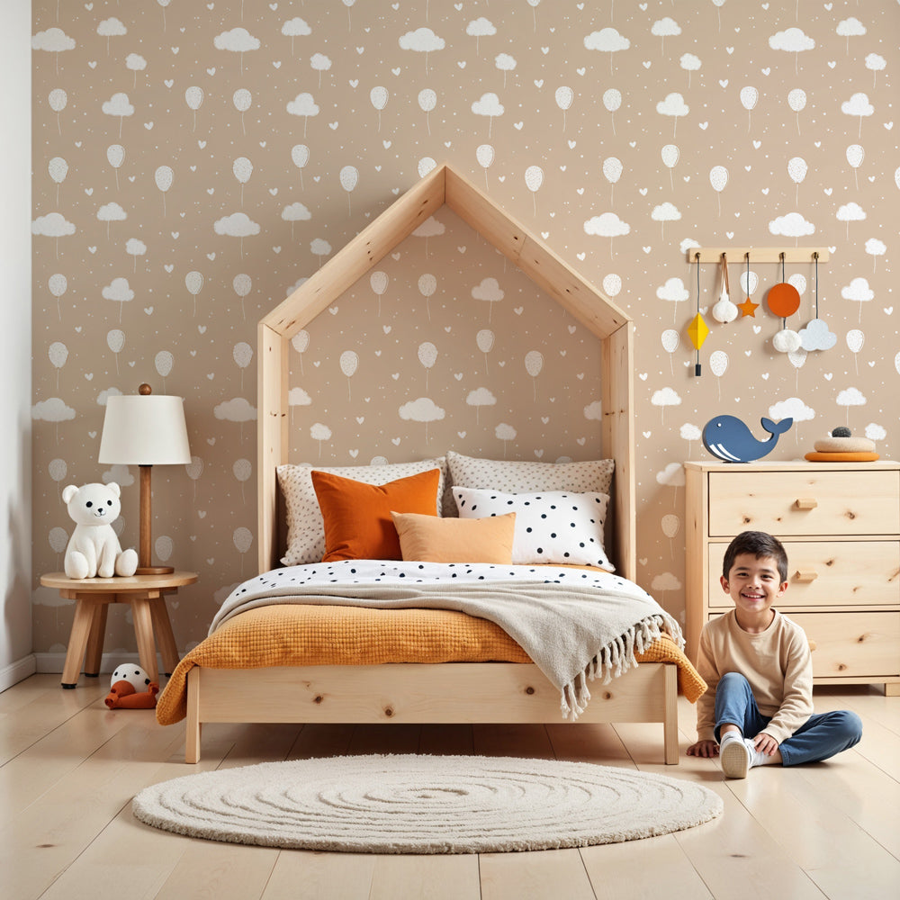 Balloon and cloud mural wallpaper creating dreamy beige nursery decor by Kids-Mundo