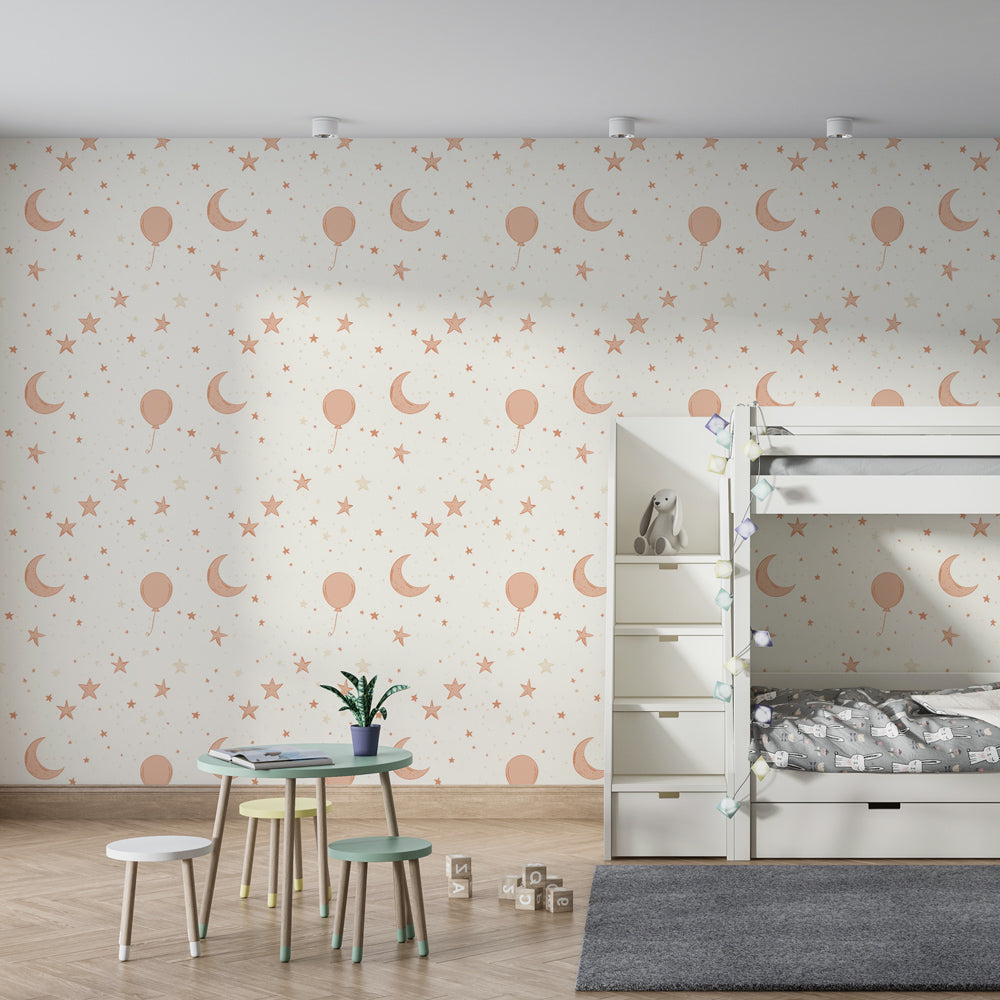 Dreamy balloon wallpaper with moons and stars transforming children's room decor