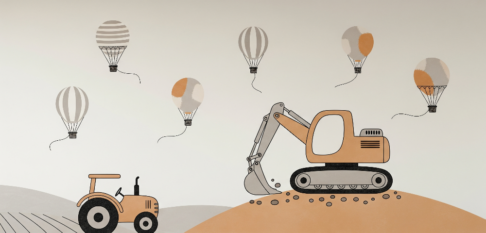 Kids-Mundo flat artwork of hot air balloons floating above an excavator and tractor at work