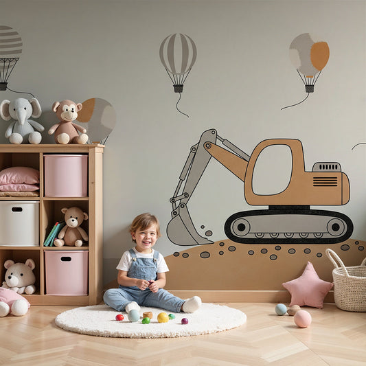 Kids-Mundo hot air balloon and excavator wall mural styled above a cot in a soft beige nursery