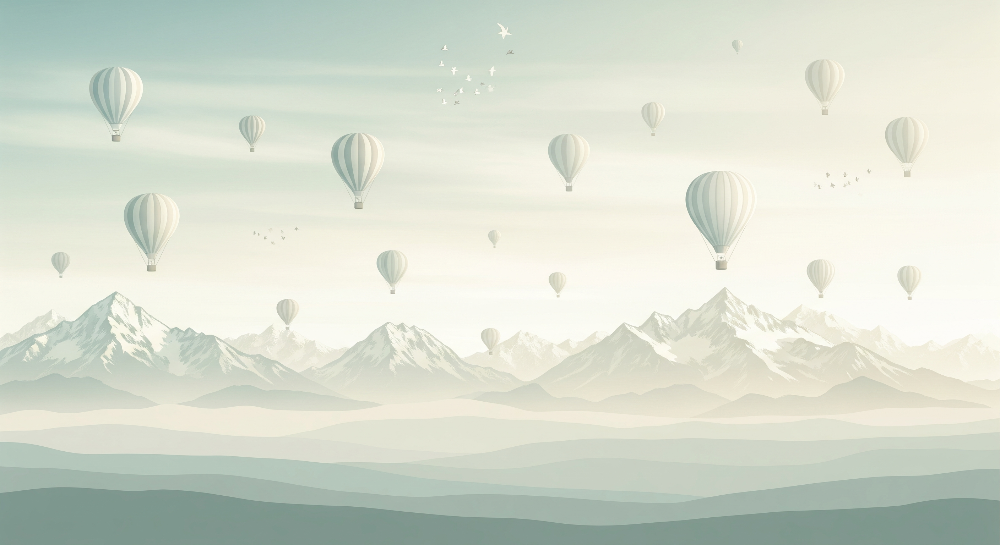 Hot Air Balloons Floating Over a Misty Mountain Range Wall Mural