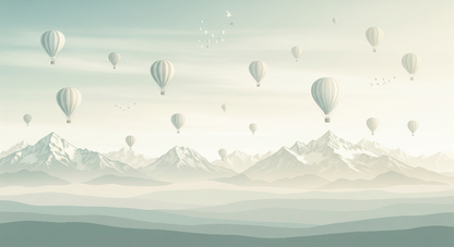 Kids-Mundo flat artwork of the hot air balloon fleet over a misty mountain range mural