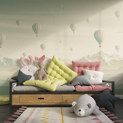 Kids-Mundo hazy mountain balloon wall mural brightening a calm playroom wall
