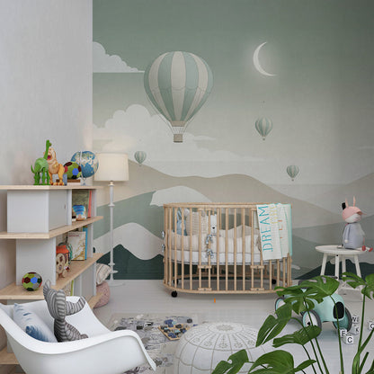 Kids-Mundo balloon and moonlit mountain mural on a feature wall in a bedroom
