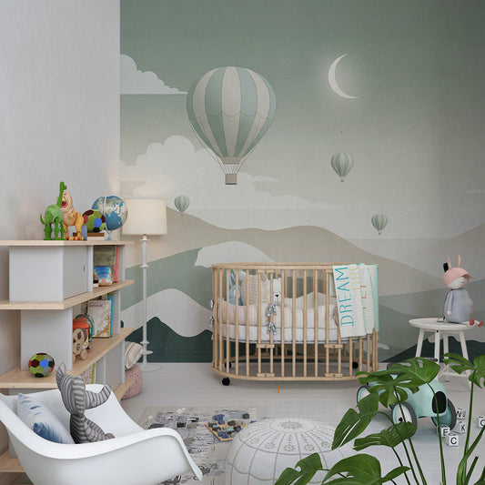 Kids-Mundo balloon and moonlit mountain mural on a feature wall in a bedroom