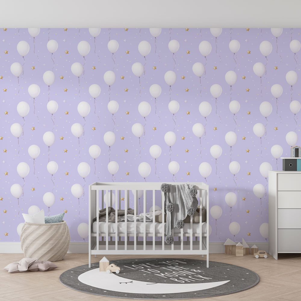 Lavender balloon wallpaper creating peaceful atmosphere in children's bedroom