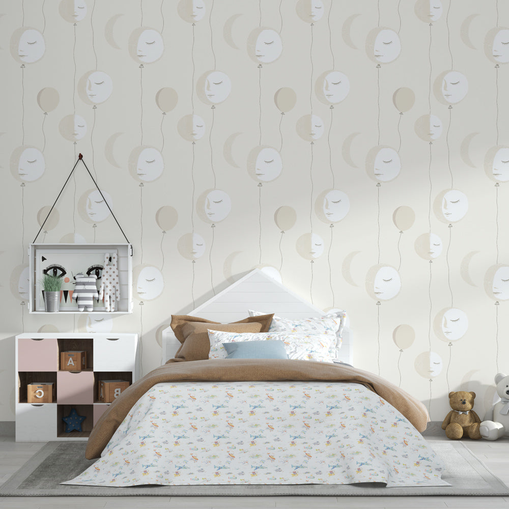 Floating balloon wallpaper creating dreamy atmosphere in children's bedroom