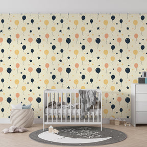Festive balloon wallpaper creating playful atmosphere in children's bedroom decor