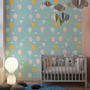 Colorful balloon and cloud wallpaper transforming children's bedroom into magical sky