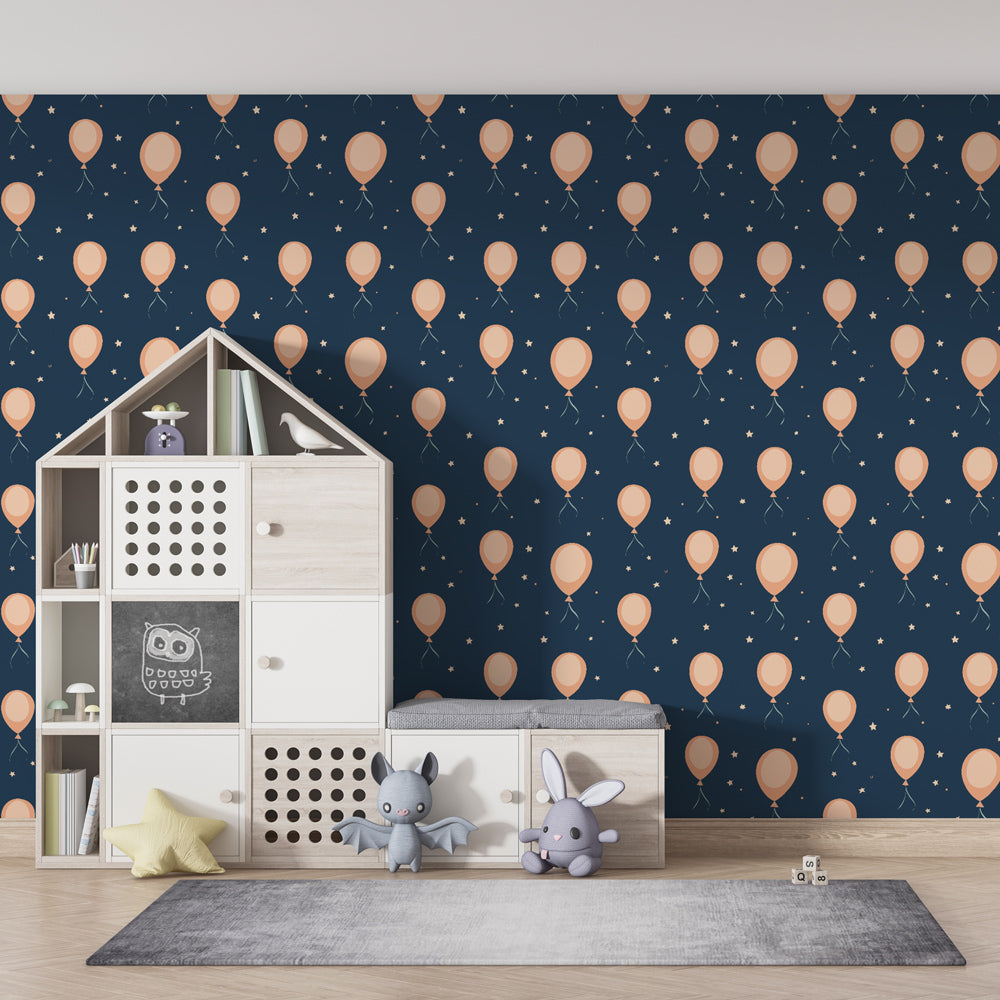 Night sky balloon wallpaper transforming children's bedroom into dreamy space