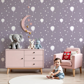 Floating balloons and stars mural wallpaper in modern nursery room by Kids-Mundo