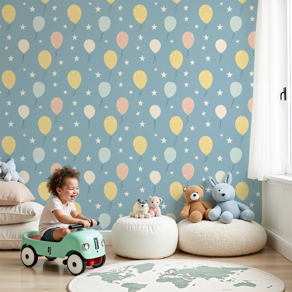Colorful balloon mural wallpaper decorating modern nursery with pastel party theme by Kids-Mundo