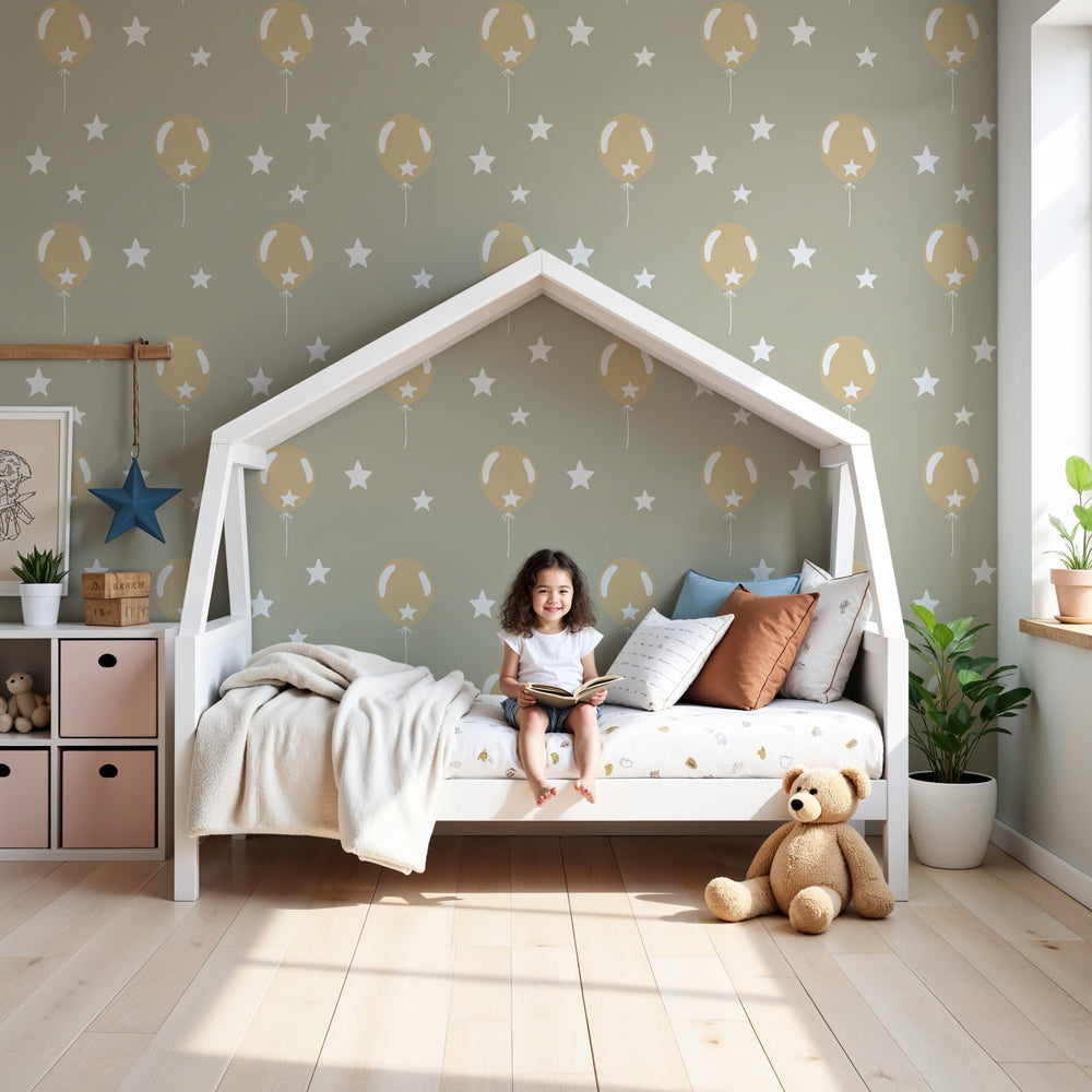 Golden balloon mural wallpaper creating magical nursery decor with white stars by Kids-Mundo