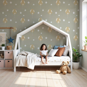 Golden balloon mural wallpaper creating magical nursery decor with white stars by Kids-Mundo