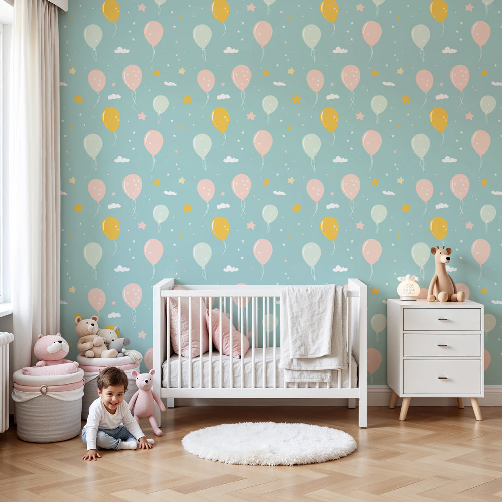 Balloon and cloud mural wallpaper in bright nursery with wooden crib by Kids-Mundo