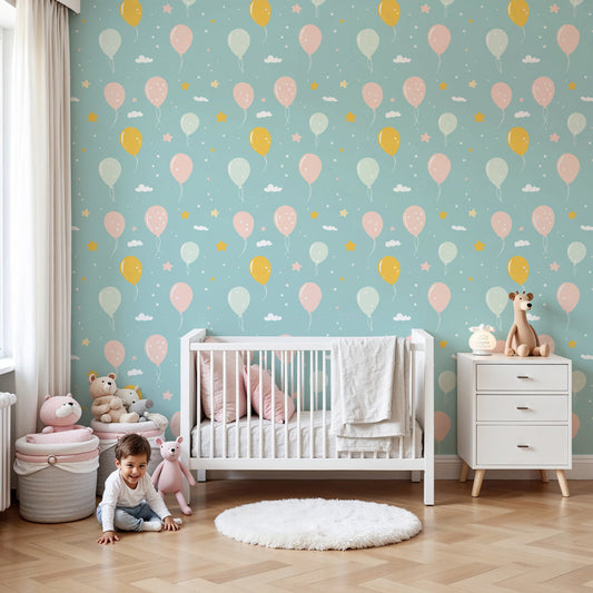Balloon and cloud mural wallpaper in bright nursery with wooden crib by Kids-Mundo