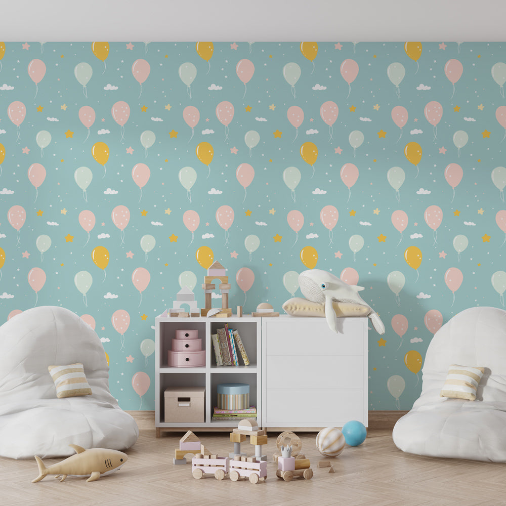 Colorful balloon cloud wallpaper transforming playroom into magical sky adventure