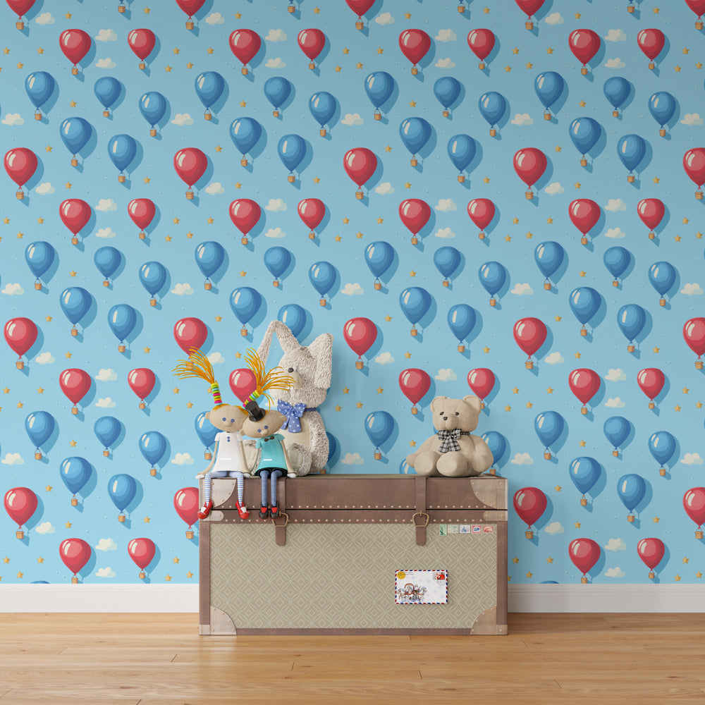 Red and blue balloon mural wallpaper transforming playroom into celebration space