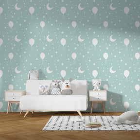 Whimsical balloon and star wallpaper transforming modern kids playroom space
