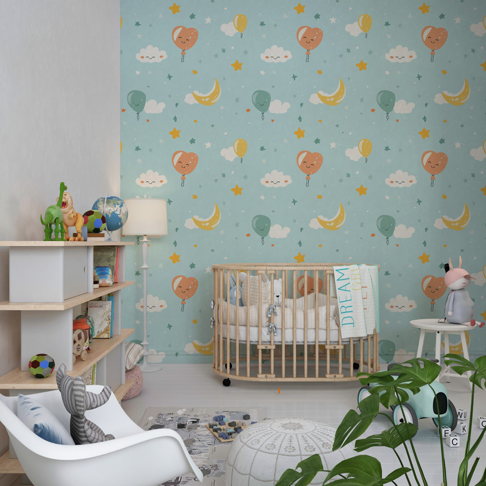 Colorful balloon mural wallpaper with smiling faces decorating modern kids playroom