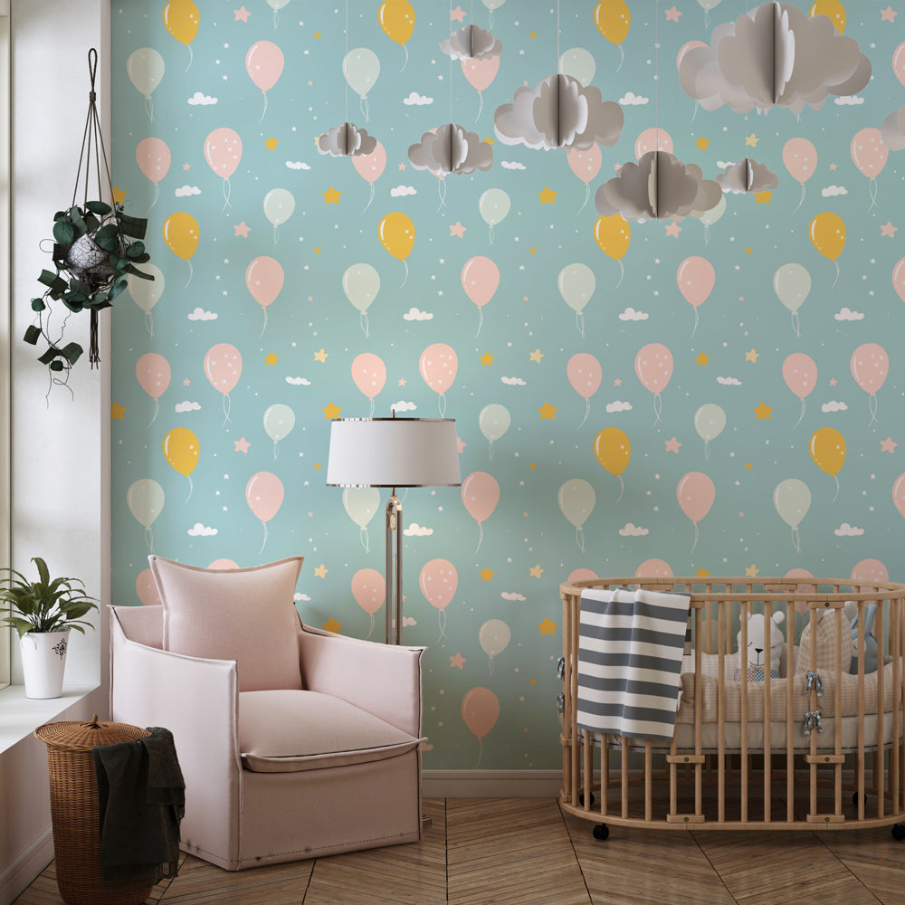 Whimsical balloon mural wallpaper with stars creating festive kids playroom environment
