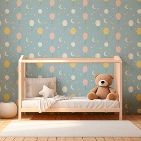 Pastel balloon and star mural wallpaper transforming bright kids playroom space