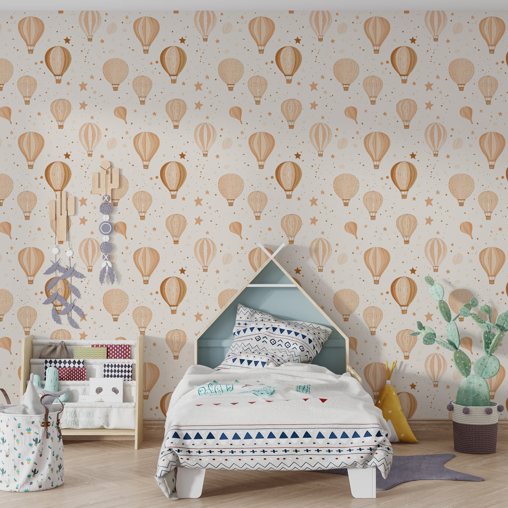 Hot air balloon wallpaper transforming kids playroom with whimsical beige star design