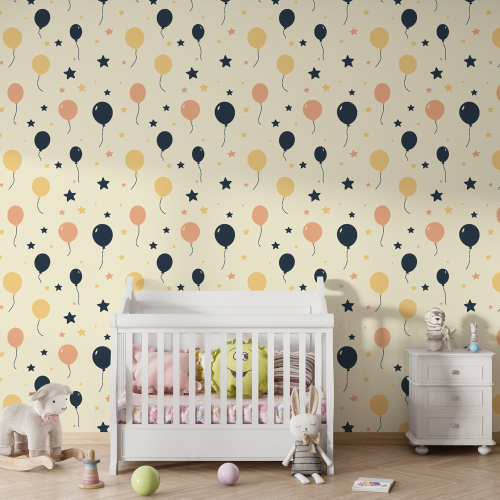 Party-themed balloon mural wallpaper transforming kids playroom into celebration space
